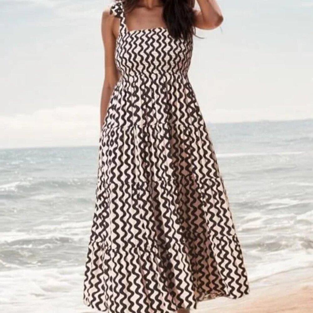 Square Neck Coffee Summer Tie Strap Patterned Dress - Picture 3 of 4